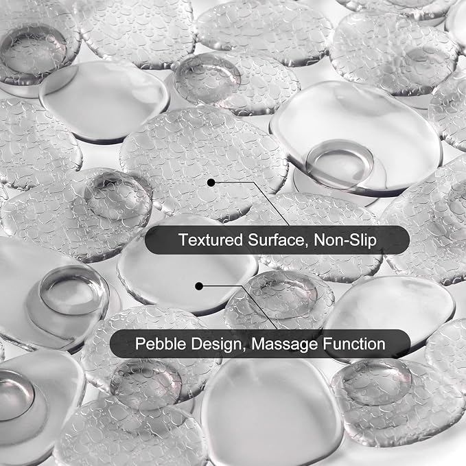 WELTRXE Pebbles Bathtub Mat Non Slip Oval Shower Mat with Suction Cups, Drain Holes, 27 x 14 Inch Plastic Bathroom Tub Mats Machine Washable, BPA, Latex Free Safety Mat for Bath Tub, Clear Gray