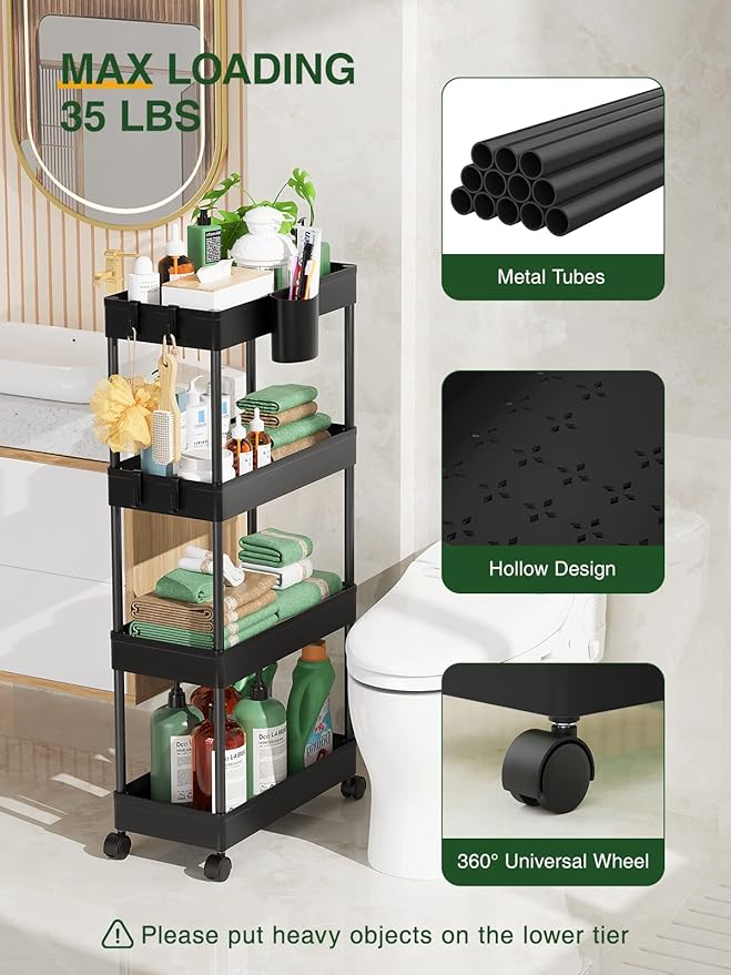 LEHOM Slim Rolling Storage Cart - 4 Tiers Bathroom Organizer Utility Cart Slide Out Storage Shelves Mobile Shelving Unit for Kitchen, Bedroom, Office, Laundry Room, Small Narrow Spaces（7.1" W+Black）