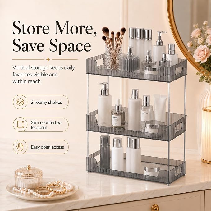 Goderewild Bathroom Counter Organizer, Multi-Purpose Cosmetics Skincare Shelf, Makeup Organizer for Vanity Tray, Countertop Storage Solution for Kitchen and Bath. (Smoky Gray, 3-Tier)