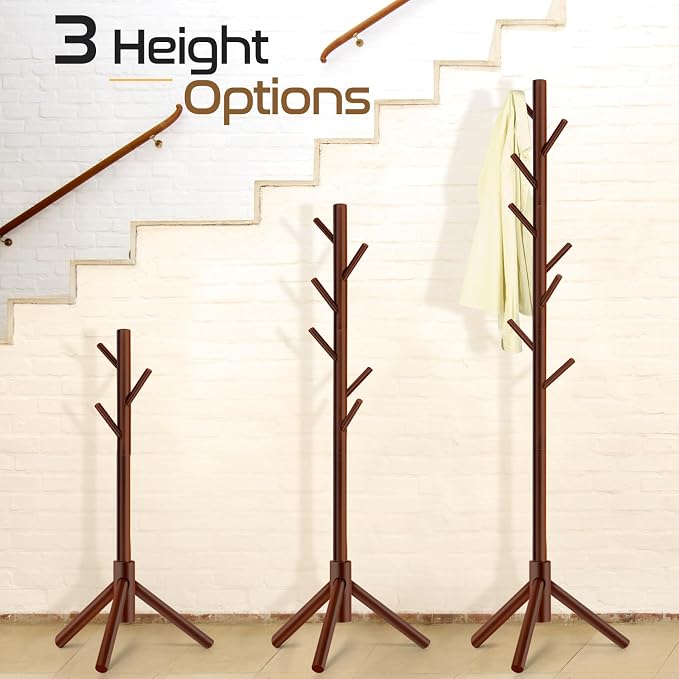 2 PC Wooden Coat Rack Freestanding with 8 Hooks & 3 Adjustable Sizes for Clothes, Space-Saving Design for Bedroom Office Entrance Holds Hats Coats Scarves Bags