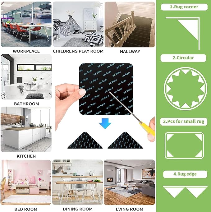 16 PCS Grippers of Rug Pad, Non-Slip Carpet Gripper for Hardwood Floors and Tile, Reusable and Washable Area Carpet Tape, Double-Sided Adhesive Pads, Keeps Corners Flat
