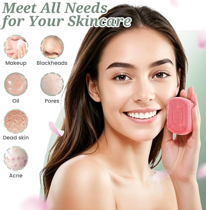 Silicone Back/Body/Face Scrubber & Lymphatic Contour Face Brush Set 4PCS, 13.4'' Soft Back Scrubber, 360° Anti-Slip Bath Glove, Unique Side-bristled Face Scrubber for All-Round Cleaning(Pink)