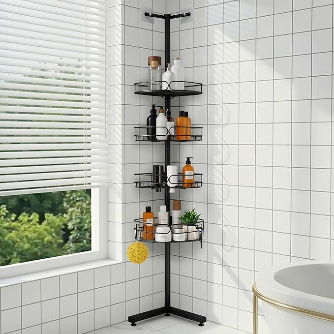 Standing Shower Caddy Corner, 4-Tier Adjustable Height Bathroom Organizer, 6-Section Pole, Sturdy Floor Standing Shelf for Shower – No Drilling, No Spring Tension