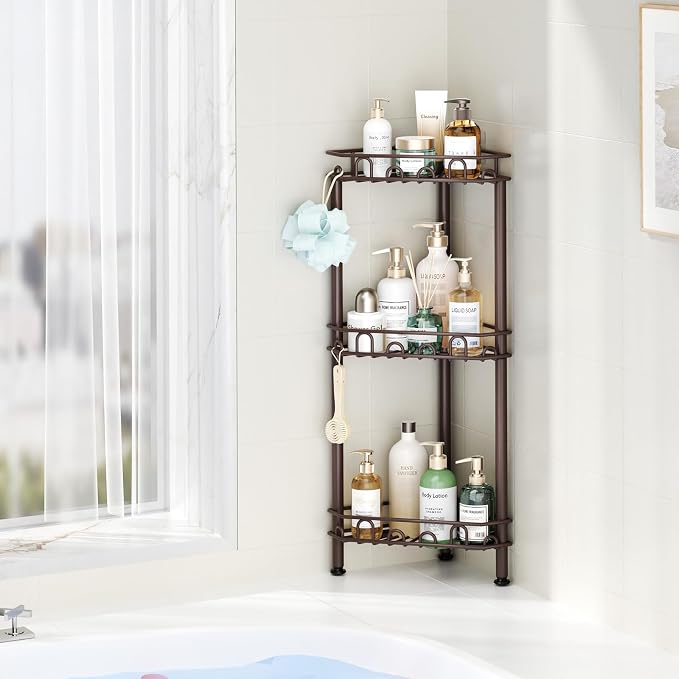 SWTYMIKI Standing Shower Caddy Corner - 3‑Tier Stainless Steel Shower Organizer Shelf with 12 Hooks and Adhesive Pads, Rustproof Corner Shelves Stand Rack for Bathroom Shower Room, Bronze