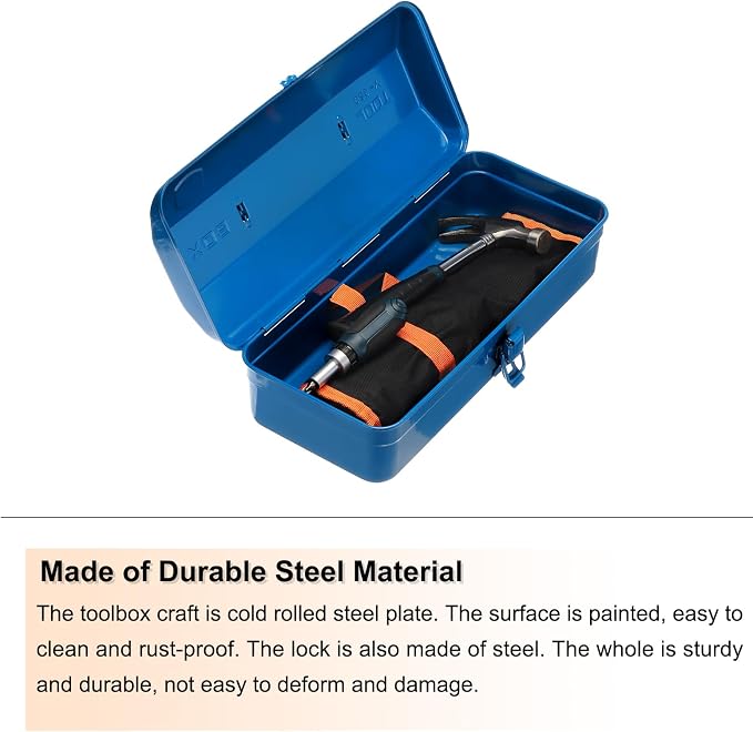 HARFINGTON Tool Box 11.4" Portable Steel Tool Box Hip Roof Style with Metal Latch Closure Tool Chest for Household Workshop Car, Blue