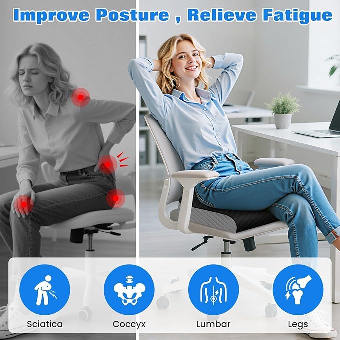 Seat Cushion, Memory Foam Chair Pad for Sciatica & Hip Pain Relief, Non-Slip Cushion for Office, Home, Car, Large Desk Chair Cushion, Washable Cover & Handle, Large, Black