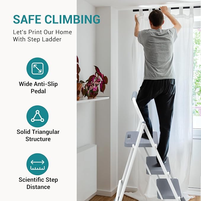 OLIXIS 3 Step Ladder, 800lbs Capacity Foldable Step Stool with Anti-Slip Pedal, Sturdy Steel Ladder & Comfortable Handrail, Protable Heavy Duty Step Stool for Kitchen, Garage, Outdoor Use - Grey