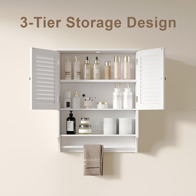 ChooChoo Medicine Cabinet with Towels Bar, 23.6" L x 8.8" W x 29.5" H MDF Material Bathroom Wall Cabinet, 2 Doors Over The Toilet Space Saver Storage Cabinet with Large Space, White