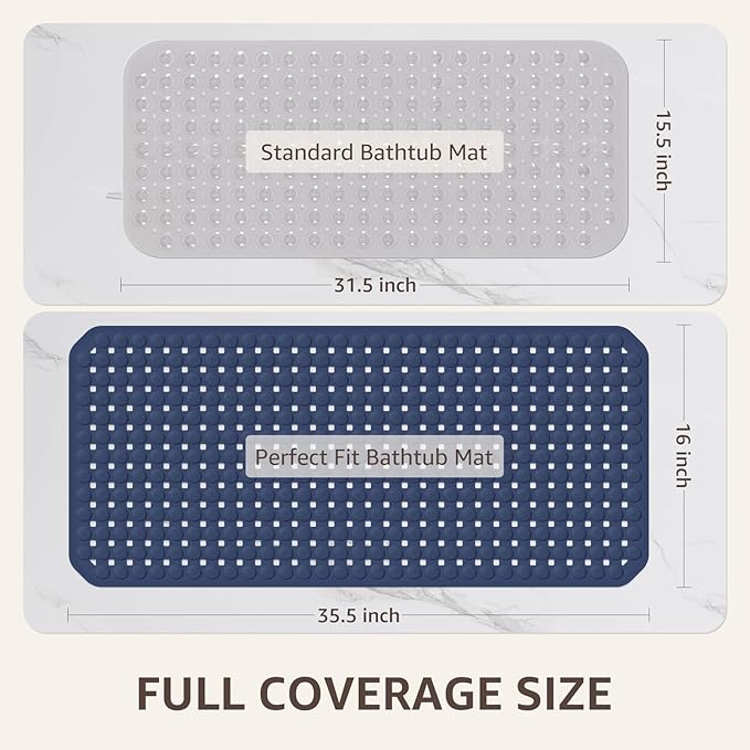 OTHWAY Bath Tub Shower Mat Non Slip, Bathtub Floor Liner Mats for Inside Shower Bathroom, Suction Cups and Drain Holes for Feet Scrubbing, Machine Washable, Soft on Feet, 35x16 Inch, Navy Blue