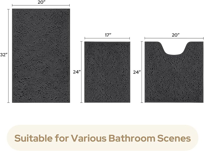 HOMEIDEAS 3 Pieces Bathroom Rugs, Ultra Soft Non Slip Absorbent Chenille Toilet Bath Mat Set,Grey-Dark Grey, 17"x24"+20"x32"+U Shape 20"x24"