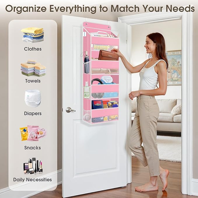 SpaceHacks 1 Pack Over The Door Organizer Hanging Storage Organizers with Clear Window 40lb Large Capacity Room Organizer for Pantry Laundry Bathroom Nursery Closet(Pink)