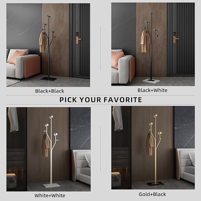 JIAYUEJU Heavy Duty Coat Rack Tree-shaped Metal Freestanding Coat Tree with Sturdy Marble Base Corner Coat Rack for Bedroom Entryway Hallway 14.96 x 10.24 x 68.9 Inches (Gold)
