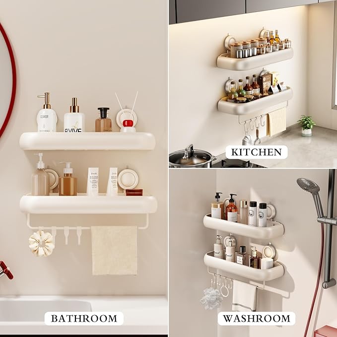 CICUFY Shower Caddy Suction Cup, 2 Pack No Drilling Corner Shower Shelves, Rust Proof Bathroom Storage Organizer, Shower Corner Caddy with Removable Hooks and Towel Bar, Square, Cream
