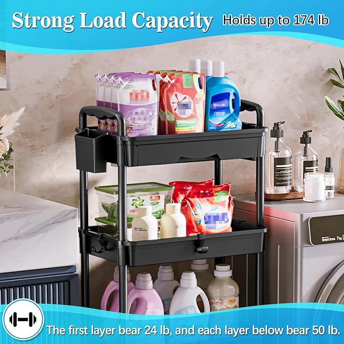 SUNALLY 4 Tier Rolling Utility Cart with Drawer, Storage Organizer Cart with 2 Lockable Wheels, Multifunctional Rolling Storage Cart for Bathroom, Kitchen, Craft, Makeup, Baby Essentials, Black