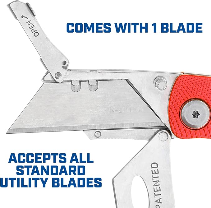 Sheffield Folding Utility Knife, Accepts Standard Utility Knife Blades, Box Cutter Aluminum Handle, Razor Blades Included, For Home, Office, Trades, and Warehouse