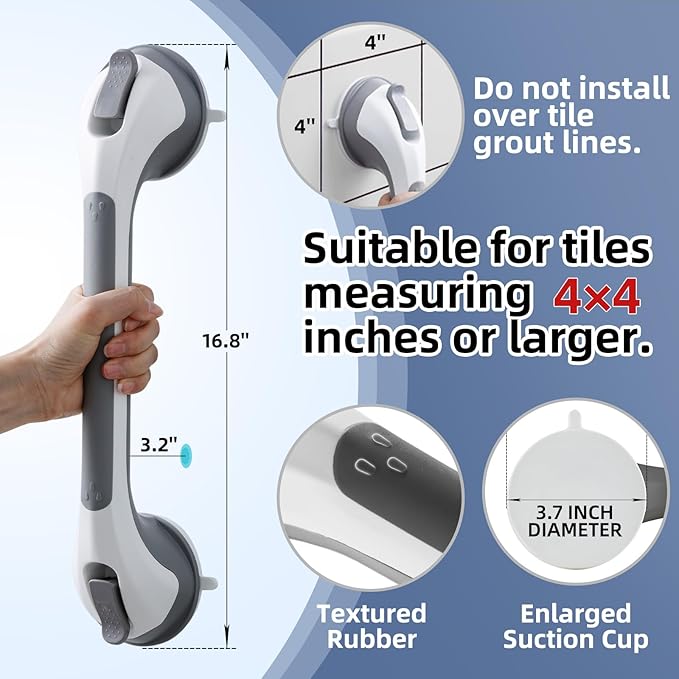 Grab Bars for Bathtubs and Showers 2 Pack Shower Handle, Heavy Duty Suction Grab Bar Bath Handrails for Seniors and Elderly, Bathroom Safety Grip No Drilling Waterproof Removable, Grey