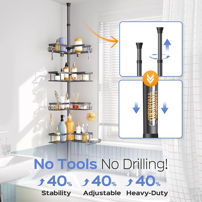 HAMITOR Shower Caddy Tension Pole: 4-Tier Corner Bathroom Organizer with Soap Holder - No-Drill Adjustable Storage Rack - 47-123 Inch Rustproof Space Saving Gray