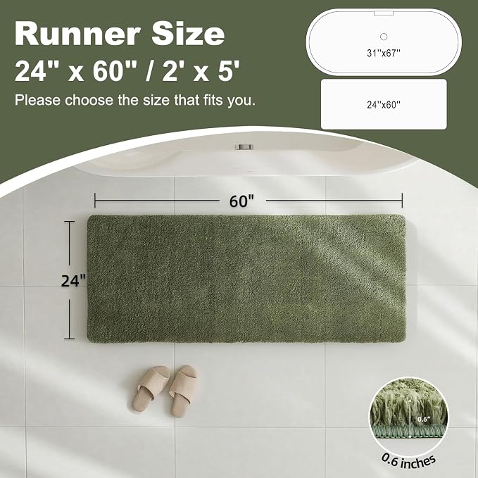 TYUU Bathroom Runner Rug, Ultra Soft Long Bath Mat Machine Washable Super Absorbent Quick Dry Bathroom Runner Rugs 24 x 60 Non Slip, Sage Green 24" x 60"
