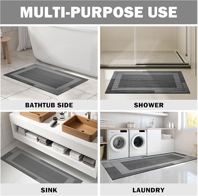 YDKGL Non Slip Long Bath Mat Bathroom Runner, Rubber Backing Ultra Thin Bathroom Rugs Fit Under Door Quick Dry Super Absorbent Washable Bath Rug Shower Mat for Bathtub Sink Floor, Dark Grey 24"x48"