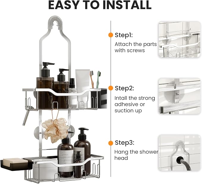 Shower Caddy Hanging 2-Tier Shower Organizer for Tall Showerhead,Rustproof Over Shower Head Rack,No Drill Bathroom Shower Caddy with Soap Dish,Toothbrush Holder and Hooks,Silver