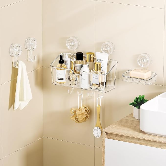 LUXEAR Suction Cup Shower Caddy Clear - Shower Caddy+Soap Dish+Suction Hooks - 1 Second Installation NO-Drilling Removable Powerful Waterproof Shower Organizer for inside Shower Bathroom