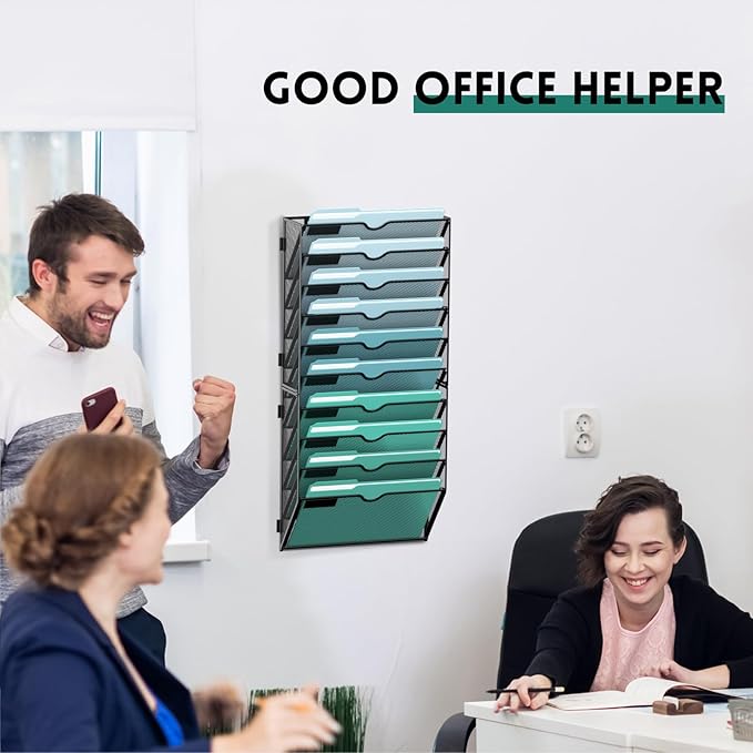 SUPEASY 10-Tier Wall File Organizer, Hanging Wall Files for Papers, Folders, Magazines, Clipboard, Wall Organizer for Office Home School Classroom, Black