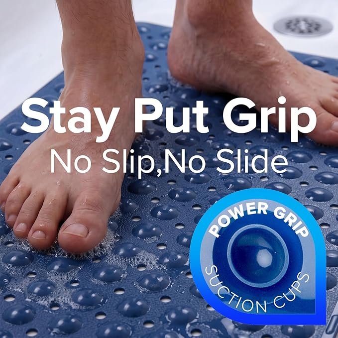 SlipX Solutions Power Grip Extra Long Bath Tub & Shower Mat 39x16, Wet Floor Non-Slip for Elderly & Kids Bathroom, 30% Longer Bathtub Mats, 200 Suction Cups, Drain Holes (1, Navy)