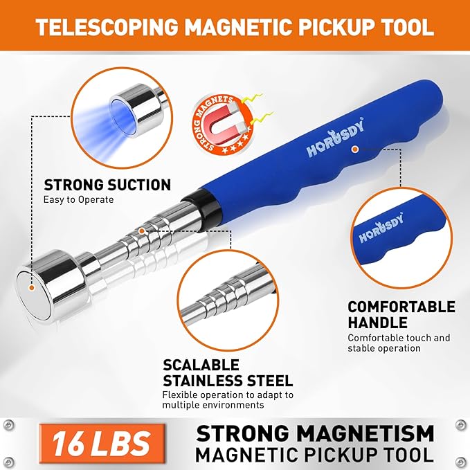 HORUSDY 4PCS Telescoping Magnetic Pick Up Tool Kit, Magnetic Sweepers Set with 360° Inspection Mirror, 2 Telescoping Magnetic Pickup Tools (5–25.6/6.9–29.5 in) & 24 in Flexible Claw Grabber