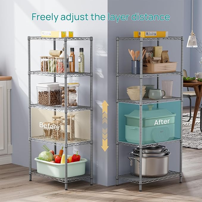 SINGAYE 5 Tier Storage Garage Shelving Units Heavy Duty Wire Shelves Pantry Metal for Pantry Closet Kitchen Laundry Bathroom Organizers Shelf Home Shorage Gray