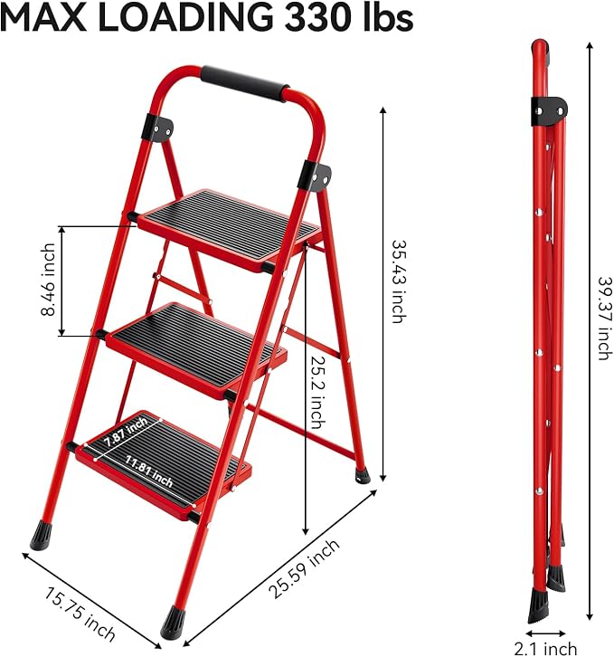 KINGRACK Step Ladder, Folding Ladder with Non-Slip and Wide Pedal, Small Ladder with Handle, Heavy Duty Steel Stool, Lightweight Step Ladder (Red, 3 Step Stool)