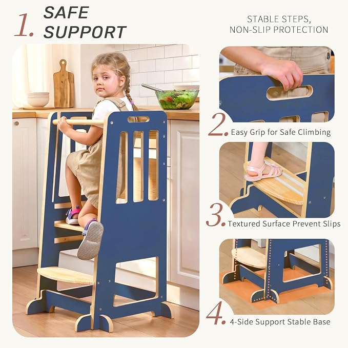 WINGYZ Toddler Tower - Anti-Tip Natural Wood Learning Stool Helper for Kids 18M-6Y, 150lb Capacity Kitchen Stool with 3-Height Adjustable Platform and Sliding Door Access, 20lb Portable Design, DK BLU