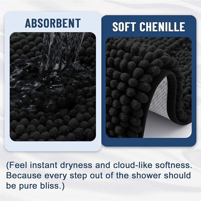 Grandaily Chenille Striped Bathroom Rugs 47x32, Extra Thick and Soft Absorbent Bath Mats, Rubber Backing, Plush Shaggy Shower Carpet, Machine Wash Dry, Bath Rug for Bathroom, Deep Black