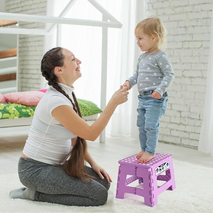 Delxo 9 inch Folding Step Stool, Non-Slip Foldable Small Stools Up to 300 LBS, Kids Step Stool with Handle Lightweight for Kitchen, Bathroom, Bedroom, Garden, Light Purple, 1PC