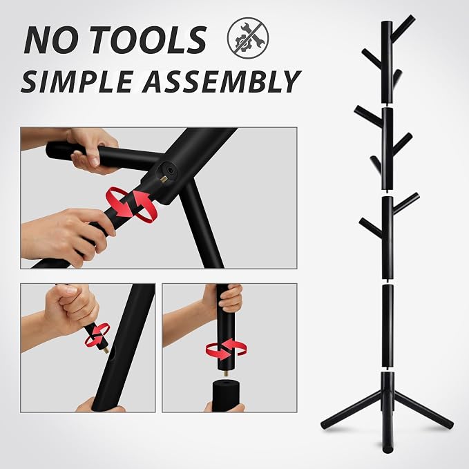 Unisakey Durable Wooden Coat Rack, Freestanding Coat Rack with Stable Triangular Base, 8 Hooks & 3 Adjustable Heights, Simple Assembly for Bedroom, Hallway, Office(New Black)