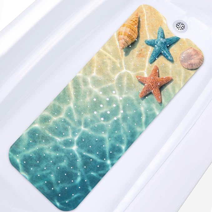 Seashell Summer Beach Bath Mat Non Slip, Starfish Blue 40 X 16 Inch Extra Long Bathtub Shower Mat for Tub Anti Slip with Suction Cups and Drain Holes for Kids Adults Elderly
