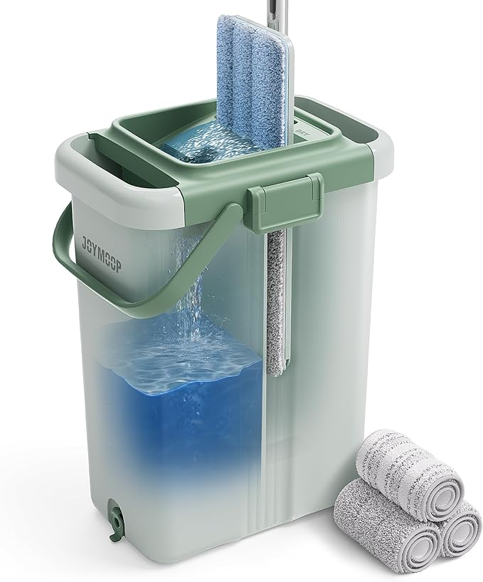 JOYMOOP Flat Mop System, Microfiber Mop and Bucket Set, Green, Commercial & Household Floor Cleaning Mop with Long Handle, Includes 3 Reusable 15" Pads