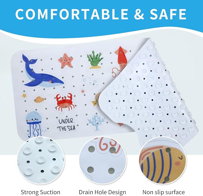 Baby Bath Mat for Tub Non Slip Kids Bathtub Mat Extra Long 40X16 Inch Toddler Bath Tub Shower Mat Anti Slip with Suction Cups & Drain Holes, Machine Washable (Under the sea)