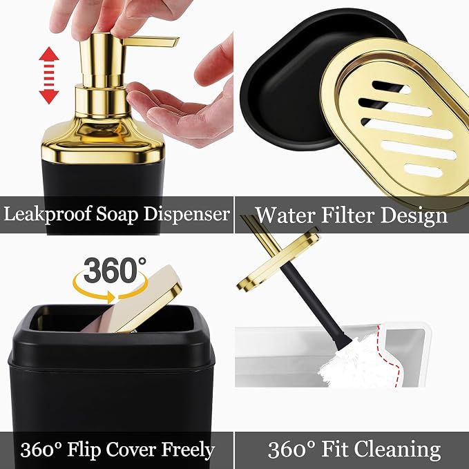 XLHOMO Black Bathroom Set, Bathroom Sets with Stripe Shower Curtain, Black and Gold Bathroom Accessories with Trash Can, Soap Dispenser, Soap Dish, Toilet Brush Holder, Qtip Holders for Bathroom