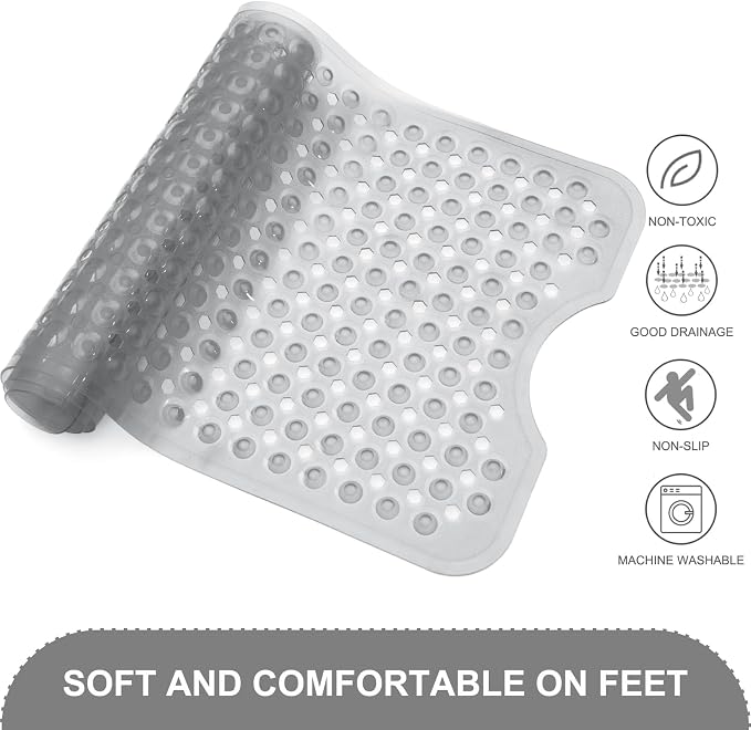 TEESHLY Upgrade Bath Tub and Shower Mats, Non Slip 40 x 16 Inch Extra Large Bathtub Mat, Machine Washable Bathmat with Drain Holes, Suction Cups for Bathroom Floor, Clear Gray