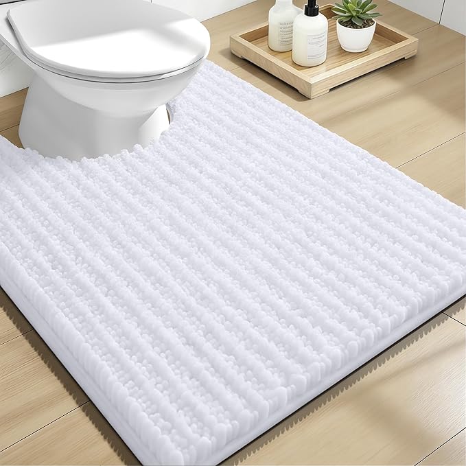 OLANLY Toilet Rugs U Shaped 24x20, Thick Soft and Absorbent Chenille Contour Bath Mat, Non-Slip Rubber Backing, Machine Washable Quick Dry Toilet Mat, Home Decor Accessories, White