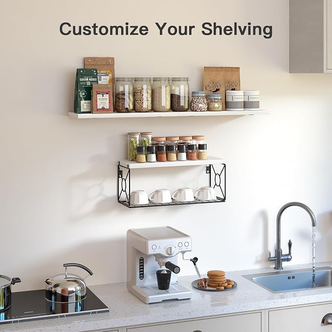 Amada Bathroom Shelves Over Toilet with Storage Basket, Floating Wall Shelf for Home Organization & Wall Decor, Bathroom/Kitchen/Living Room Shelves–White