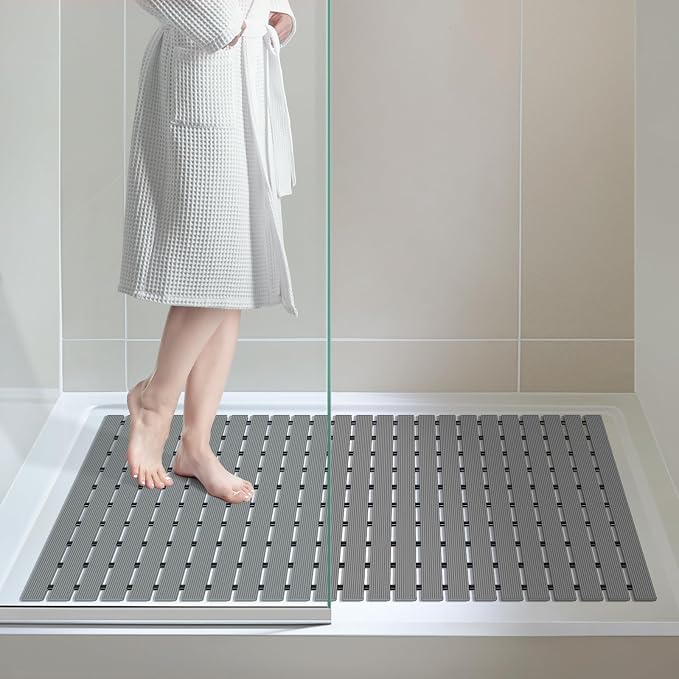 OTHWAY Large Shower Mat, 35.4 x 24 Inch No Suction Cup Shower Mat Non Slip, Quick Drain Large Non Slip Shower Mats for Inside Shower, Heavy Duty Curlable PVC Shower Floor Mat, Dark Grey