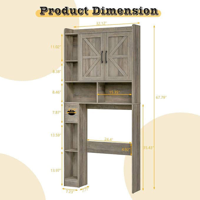 Vabches Over The Toilet Storage Cabinet, Farmhouse Storage Cabinet Over Toilet with 2 Barn Door & Toilet Paper Holder Stand, Home Space-Saving Rack, for Bathroom, Restroom (Grey).