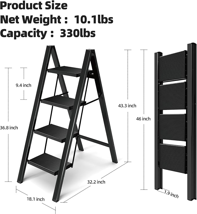 HillhutApex 4 Step Ladder, Lightweight Foldable 4 Step Stool with Anti-Slip Wide Pedal, 330lbs Capacity Aluminum Ladder for Household,Office,Garage(Black)