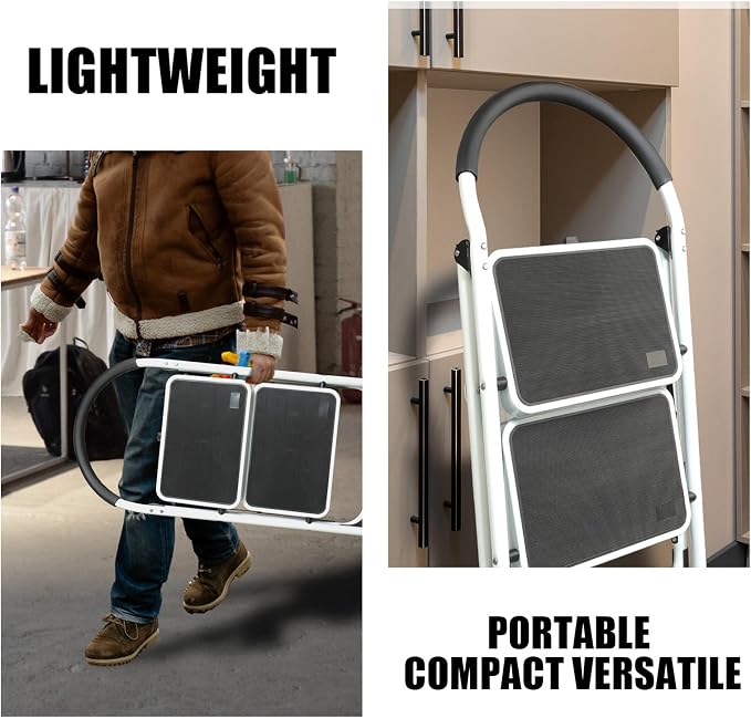 Big RED 2 Step Ladder: Ergonomic Folding Stool with Anti-Slip Pedal, Step Stool with Padded Handle for Kitchen, Household, Offices. 400 lb Capacity
