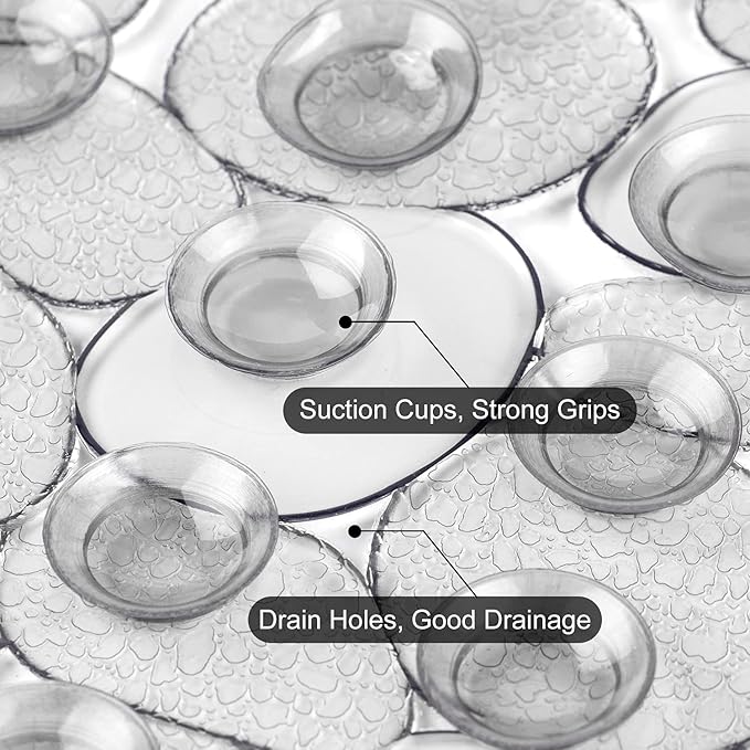 WELTRXE Pebbles Bathtub Mat Non Slip Oval Shower Mat with Suction Cups, Drain Holes, 27 x 14 Inch Plastic Bathroom Tub Mats Machine Washable, BPA, Latex Free Safety Mat for Bath Tub, Clear Gray