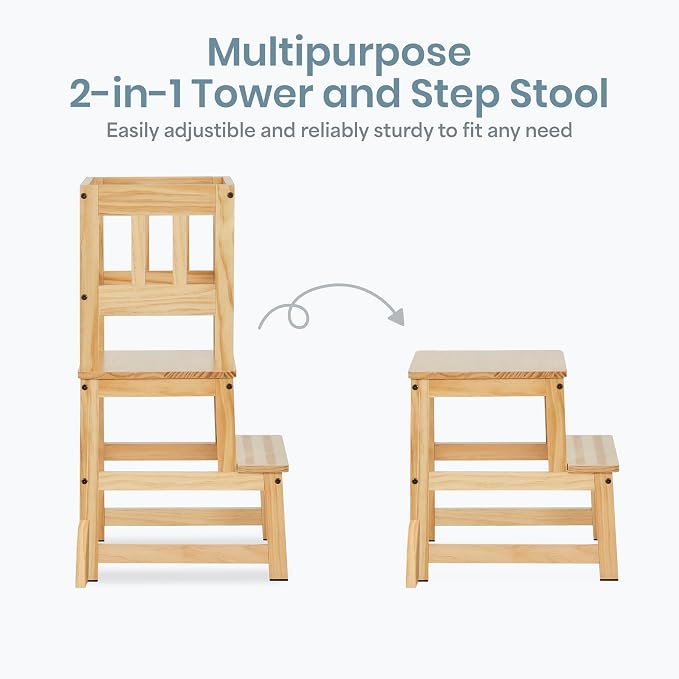 Dream On Me 2-in-1 Funtastic Tower and Step Stool, Toddler Step Tower for Learning & Play, Safety Rails, Anti-Skid Pads, Non-Slip Strips & Stabilizer Fins for Safe Counter Activities - Natural