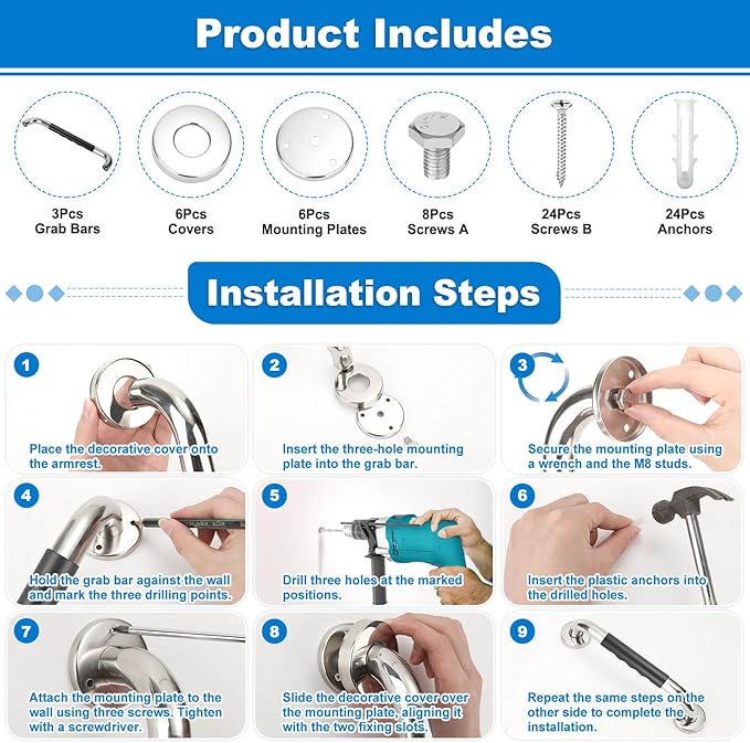 3 Pack Grab Bars for Bathtubs and Showers, 16-Inch and 12-Inch Anti-Slip Bathroom Shower Grab Bars for Seniors Wall, Safety Handicap Grab Bars Stainless Steel,Shower Handle for Elderly