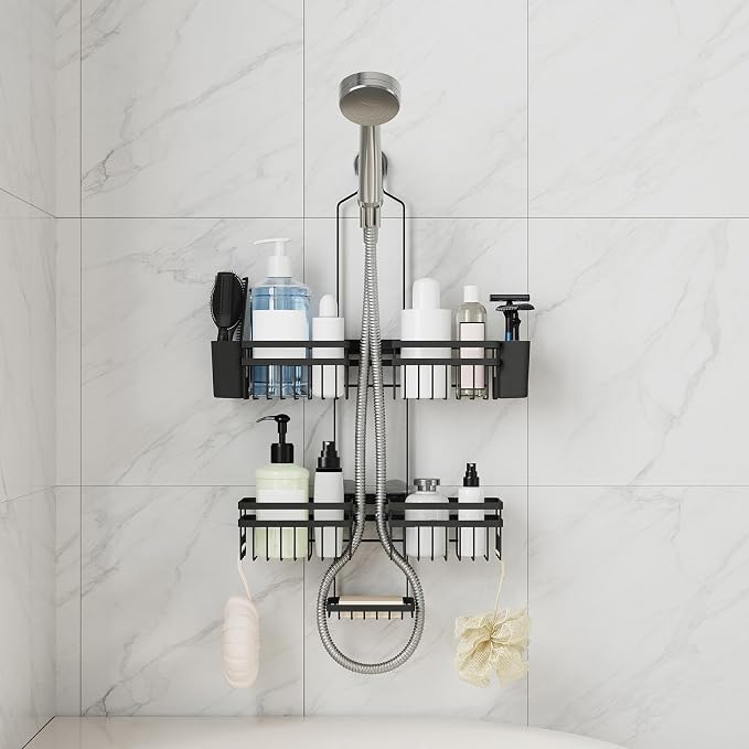 Shower Caddy Hanging for Bathroom Organizers and Storage - 3-Tier Adjustable Anti-Swing Shower Organizer Hanging with Heavy-Duty Suction Cups, Damage-Free Rustproof (Black)