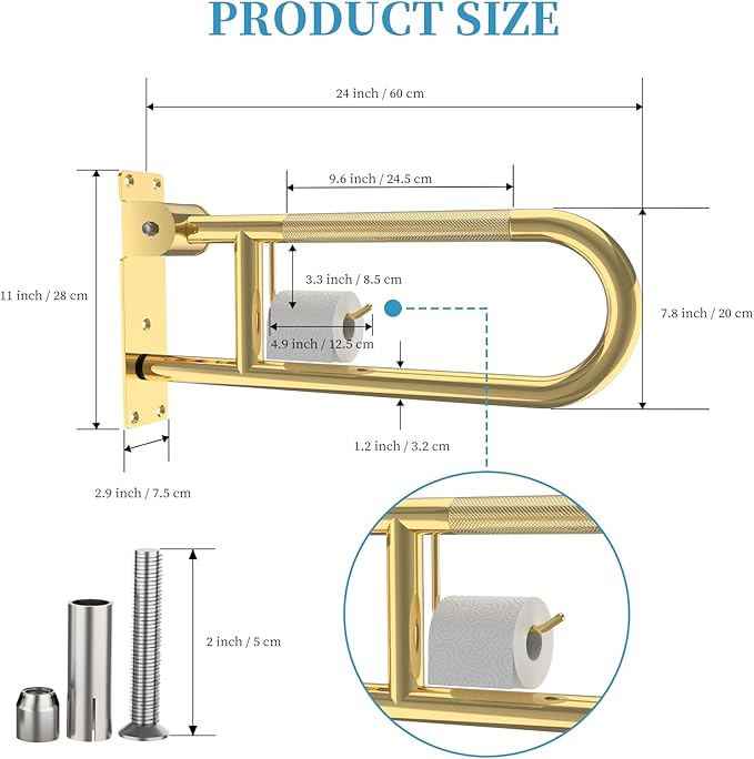 Toilet Grab Bar 24 Inch Gold, Munzong Anti-Slip Handicap Grab Bars with Paper Holder, Flip-Up Bathroom Safety Rails, Stainless Steel Knurled Support handrails for Seniors Elderly Disabled Pregnant